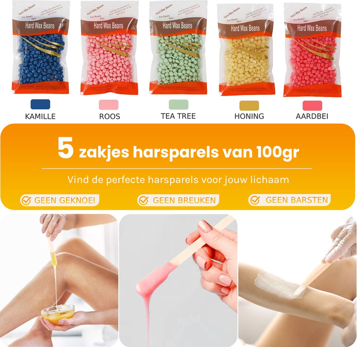 Bolusso Wachsgerät - Haarentfernungsset - NEUES Modell - 5 Arten von Bohnen 500 Gramm - 50 Wachsstäbchen - Kostenloses Nachwachs - Wachserhitzer - Haarentfernungsgerät - Wachsbohnenheizung - Haarentfernungsset - Wachsset