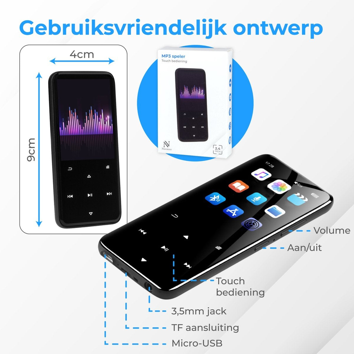 Nuvance - MP3 Player Bluetooth - 16GB interner Speicher - Unterstützung von bis zu 128GB - Voice Recorder Digital - mit FM Radio - Schwarz