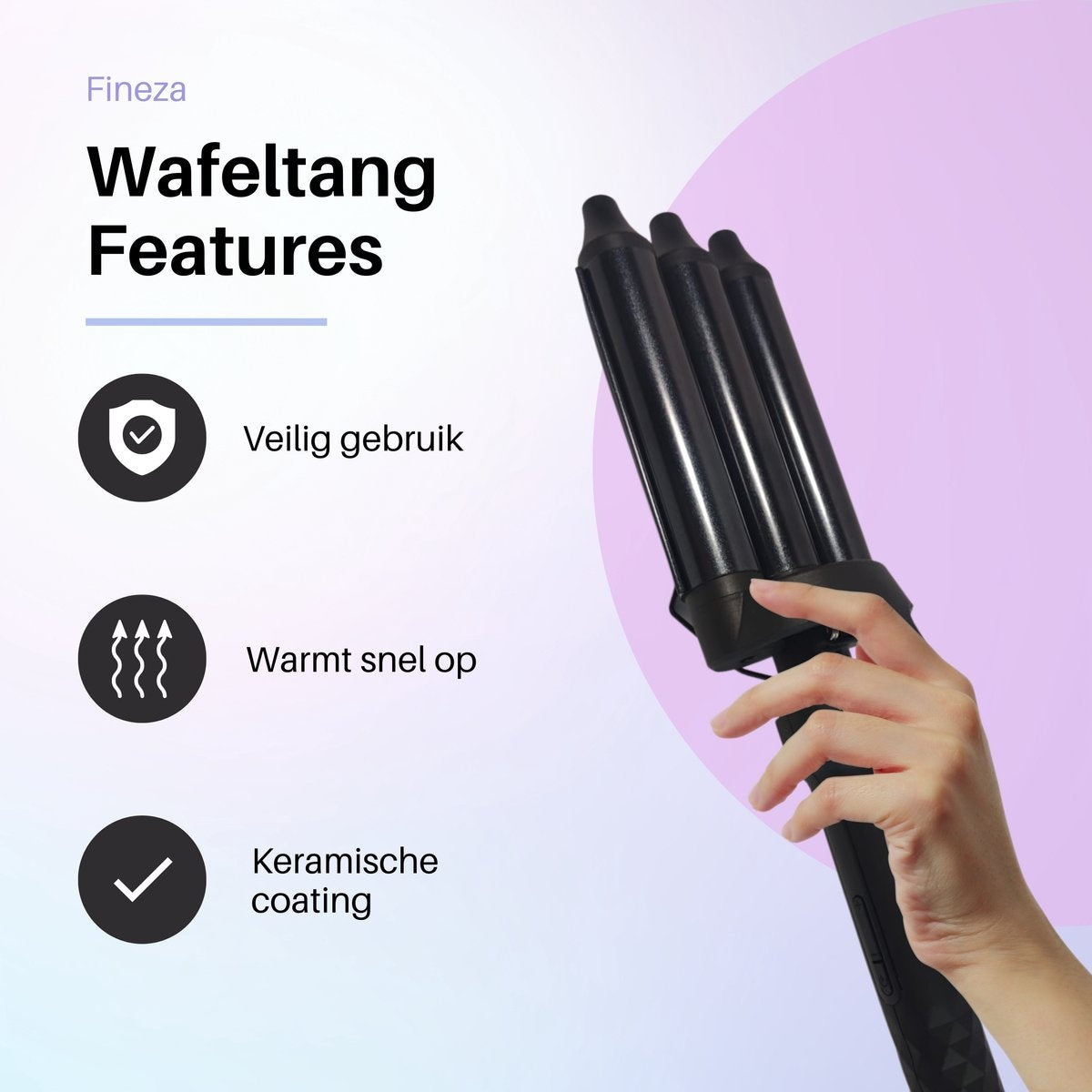 Fineza Waffelzange 25mm - Keramischer Lockenstab mit 10 Temperatureinstellungen - Schwarz
