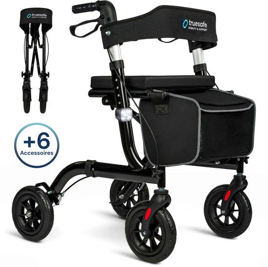 TrueSafe Rollator, leicht und zusammenklappbar (6,9 kg) – Für drinnen und draußen – Inkl. ergonomischem Sitzkissen, Beleuchtung, Rückenlehne, Gehstockhalter und mehr – Schwarz