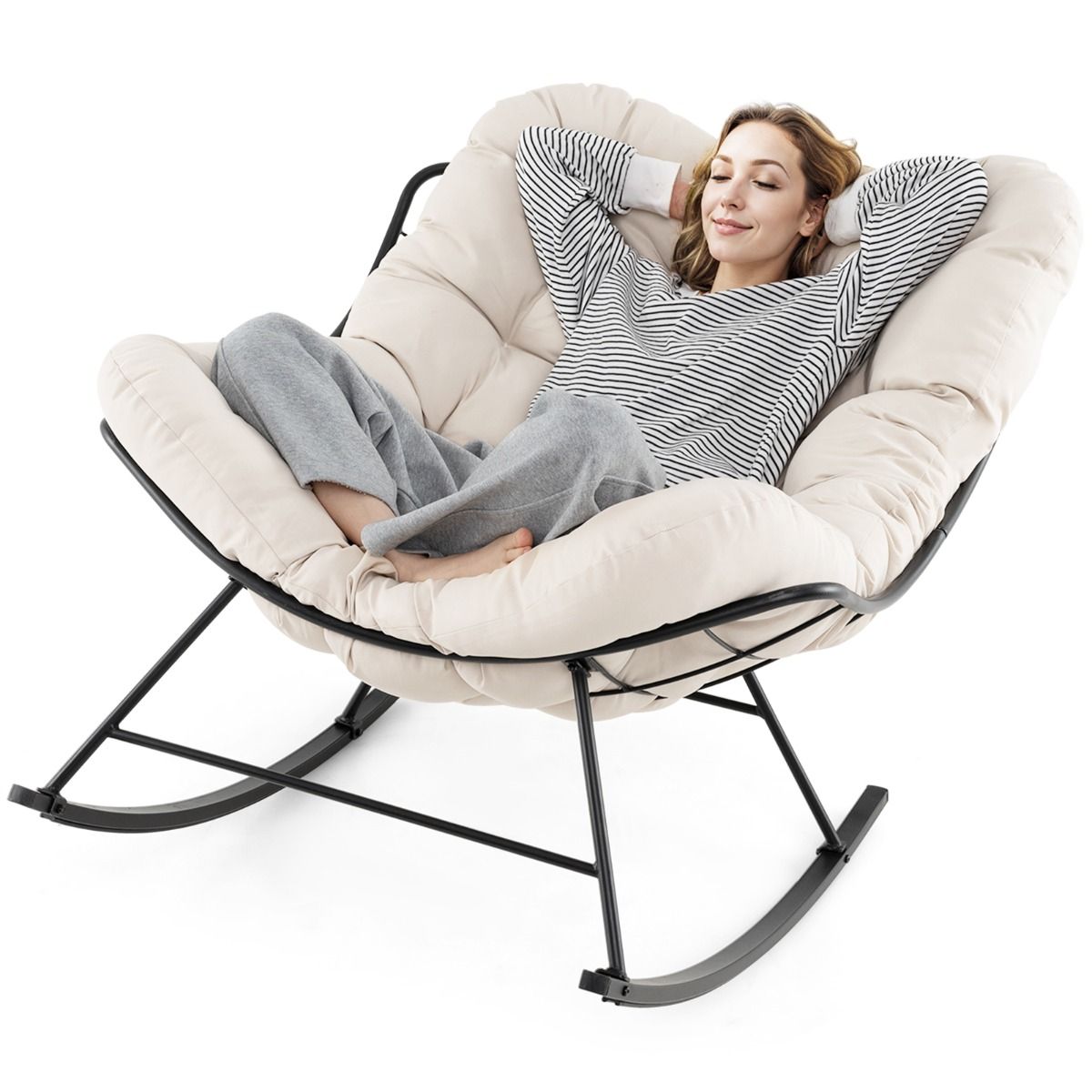 Coast Schaukelstuhl (Terrassenstuhl) - Extra gepolstertes Kissen & hohe Tragfähigkeit (205 kg) - 110 x 95 x 94 cm - Metall/Polyester - Beige
