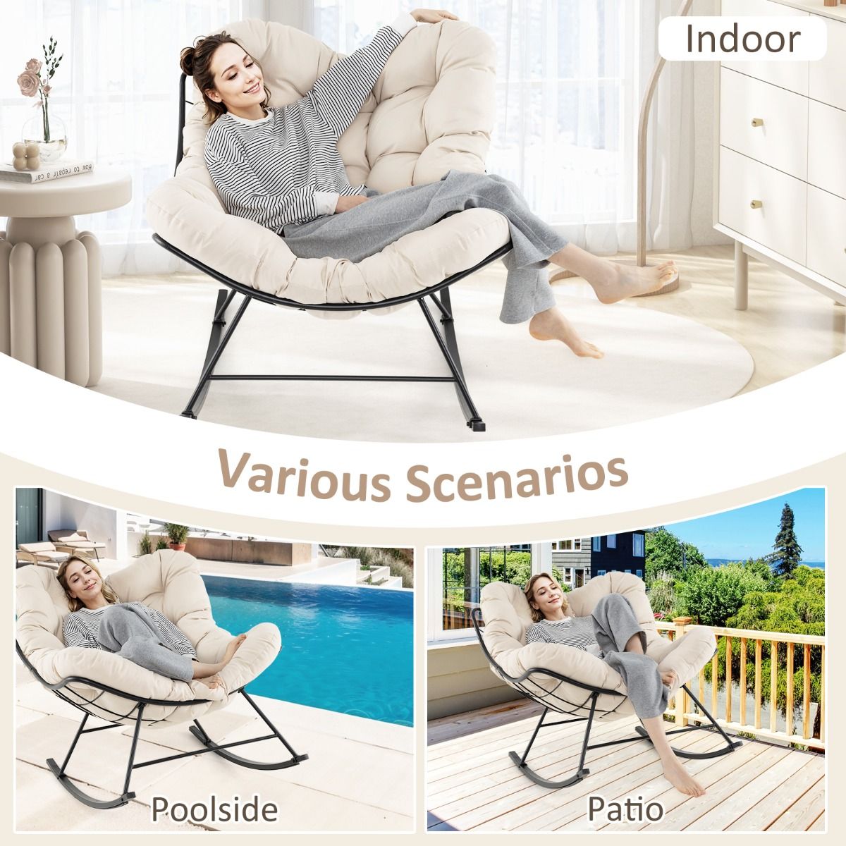 Coast Schaukelstuhl (Terrassenstuhl) - Extra gepolstertes Kissen & hohe Tragfähigkeit (205 kg) - 110 x 95 x 94 cm - Metall/Polyester - Beige