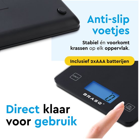 BRASQ Digitale Küchenwaage Schwarz - Inklusive Batterien - Küchenwaage mit Tara-Funktion - Wägebereich 10 KG - Präzisionswaage