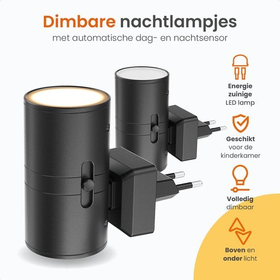 Goliving Nachtlicht Sockel - 2 Stück - Plug Lights - 10,7 x 9,3 cm - Erwachsene - Obere und untere Beleuchtung - Dimmbar - Tag- und Nachtsensor - Plug Light - Schwarz