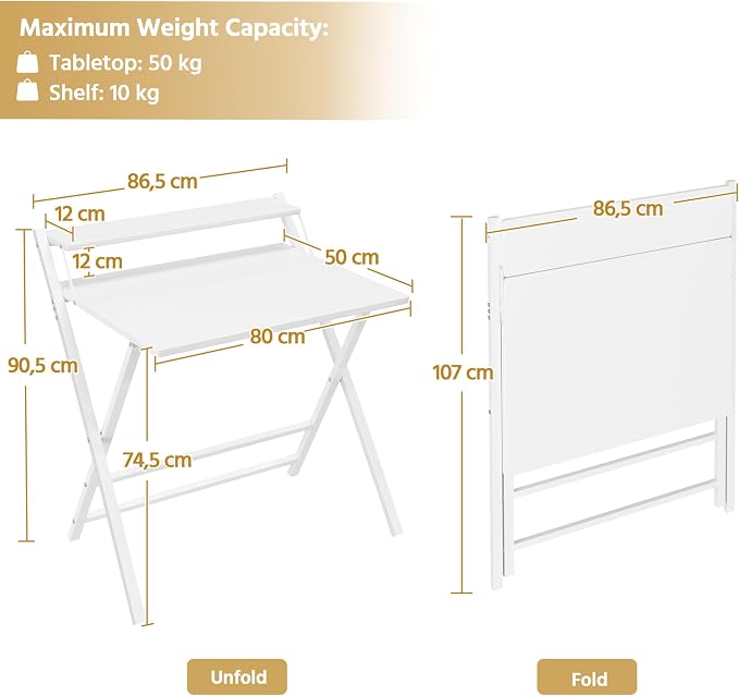 Yaheetech Klapptisch 80 x 50 cm – Weiß – Computertisch mit Monitorhalterung und Ablagefach