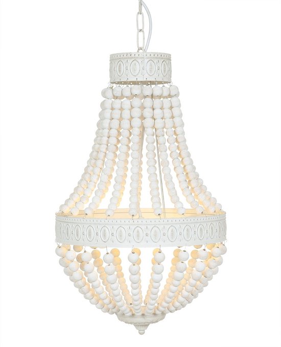 Mexlite - Hängeleuchte Ella 10191W – Weiße Perlenlampe - Holz und Metall - Höhenverstellbar von 70 bis 155 cm