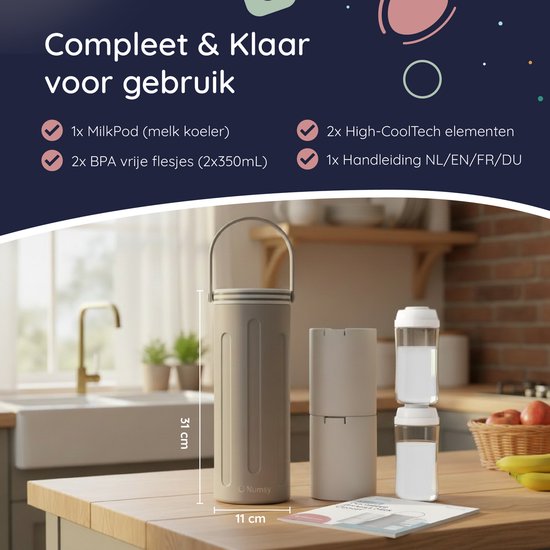 Numsy Milchkühler für unterwegs – Tragbarer Muttermilchkühler – 24 Stunden Kühlung – Edelstahl 750 ml – Kein Kondenswasser – Inkl. 2 x 350 ml BPA-freie Flaschen – Auslaufsicher