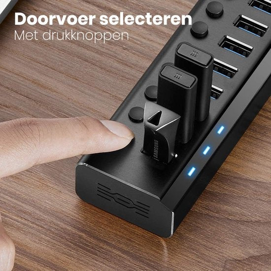 Auronic USB Hub 3.0 - USB Splitter mit 10 Ports - mit Netzteil - 5 GBPs - Led-Anzeige - Schwarz