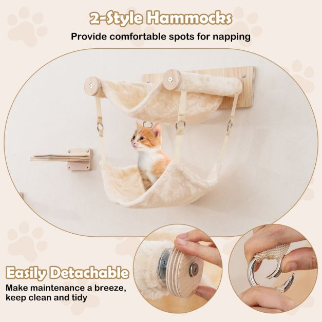 Küsten-Kletterwand Katze - 5 Stück - Wandhalterung - Plattformen - Jute - Hängematte - Natur