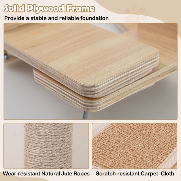 Küsten-Kletterwand Katze - 5 Stück - Wandhalterung - Plattformen - Jute - Hängematte - Natur