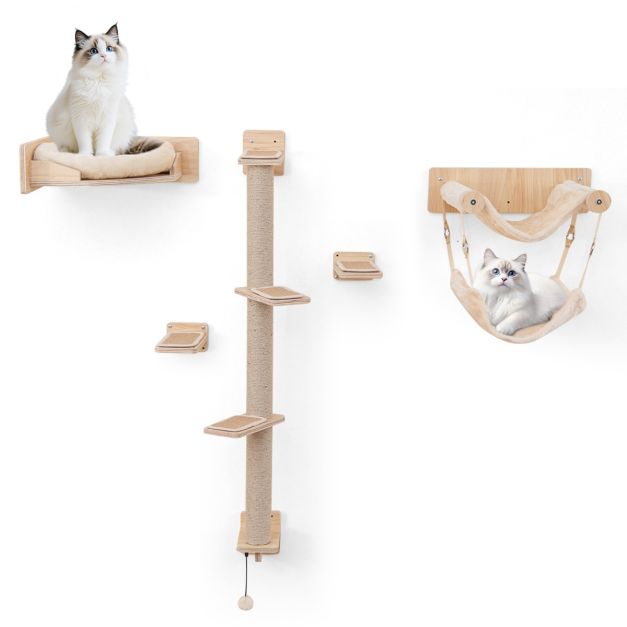 Küsten-Kletterwand Katze - 5 Stück - Wandhalterung - Plattformen - Jute - Hängematte - Natur