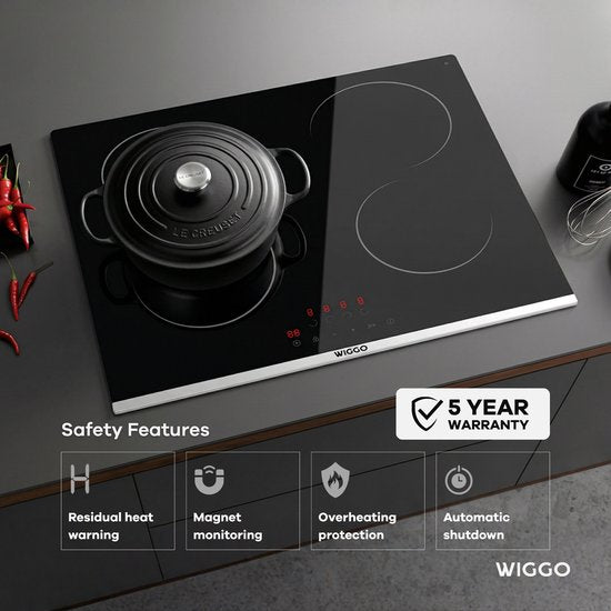 Wiggo WH-E614G(B) – Einbau-Induktionskochfeld – 60 cm – 4 Kochzonen – Schieberegler – 1-phasig, ohne Stecker – 5 Jahre Garantie – Schwarz
