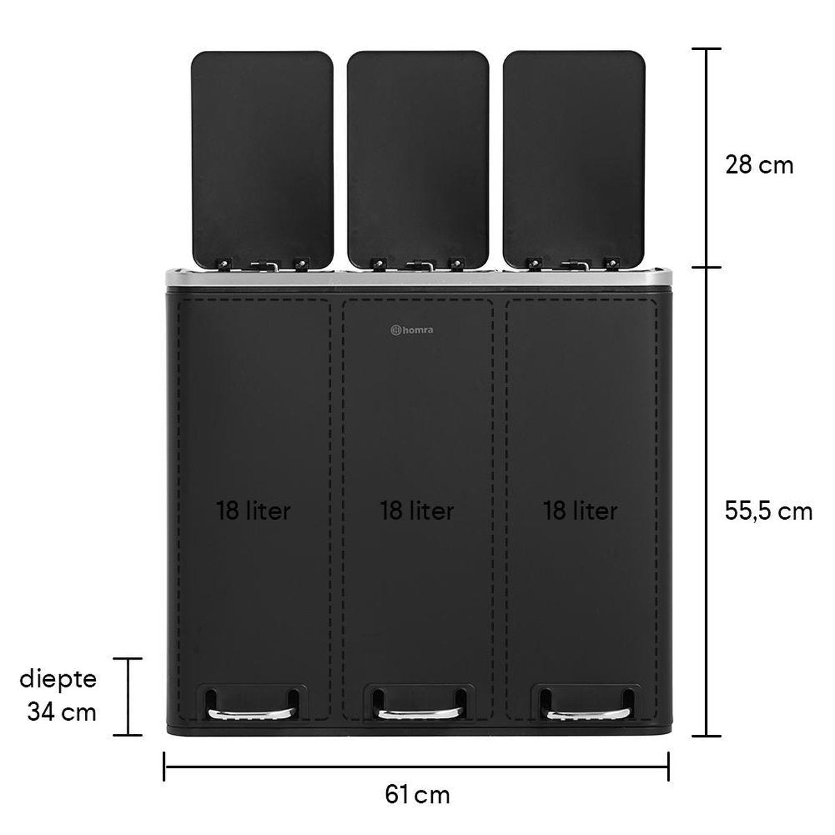 Homra - Mülleimer - Mülltrennsystem  - 3 Fächer - 3 x 18 L Fassungsvermögen - 54 Liter - Edelstahl - Schwarz