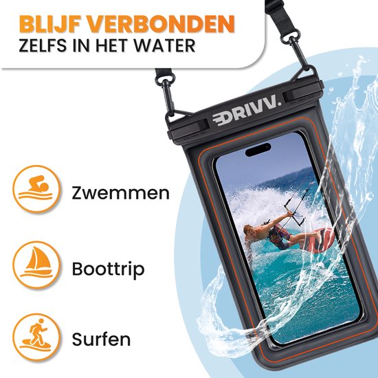 Drivv. Wasserdichte Handytasche - schwimmend - Doppel-Clip-Verschluss - bis zu 6,8 Zoll - Unterwasser-Telefonhülle - Schwarz