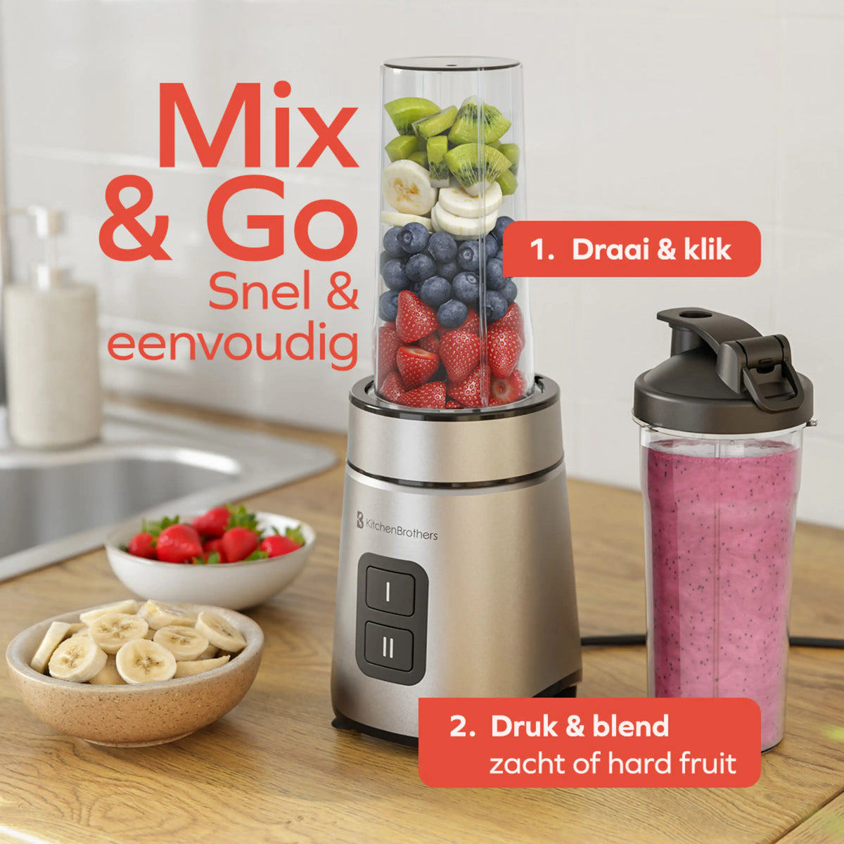 KitchenBrothers Mini-Mixer To-Go mit 2 Flaschen à 600 ml – 550 W – 4 Edelstahlklingen – Schwarz
