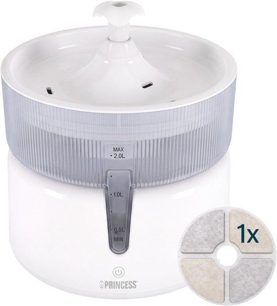 Princess Trinkbrunnen für Katzen – 2 Liter – 4-stufige Filterung – Flüsterleise 30 dB – BPA-frei – Kabellose Pumpe – inkl. Filter - Katzen & Hunde - Leicht zu reinigen - 620010