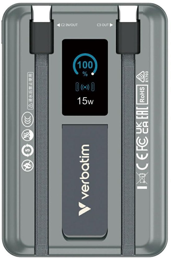 Verbatim Powerbank 10.000 mAh „Charge N Go“ mit magnetischem Ständer, kabellosem Laden und TFT-Display