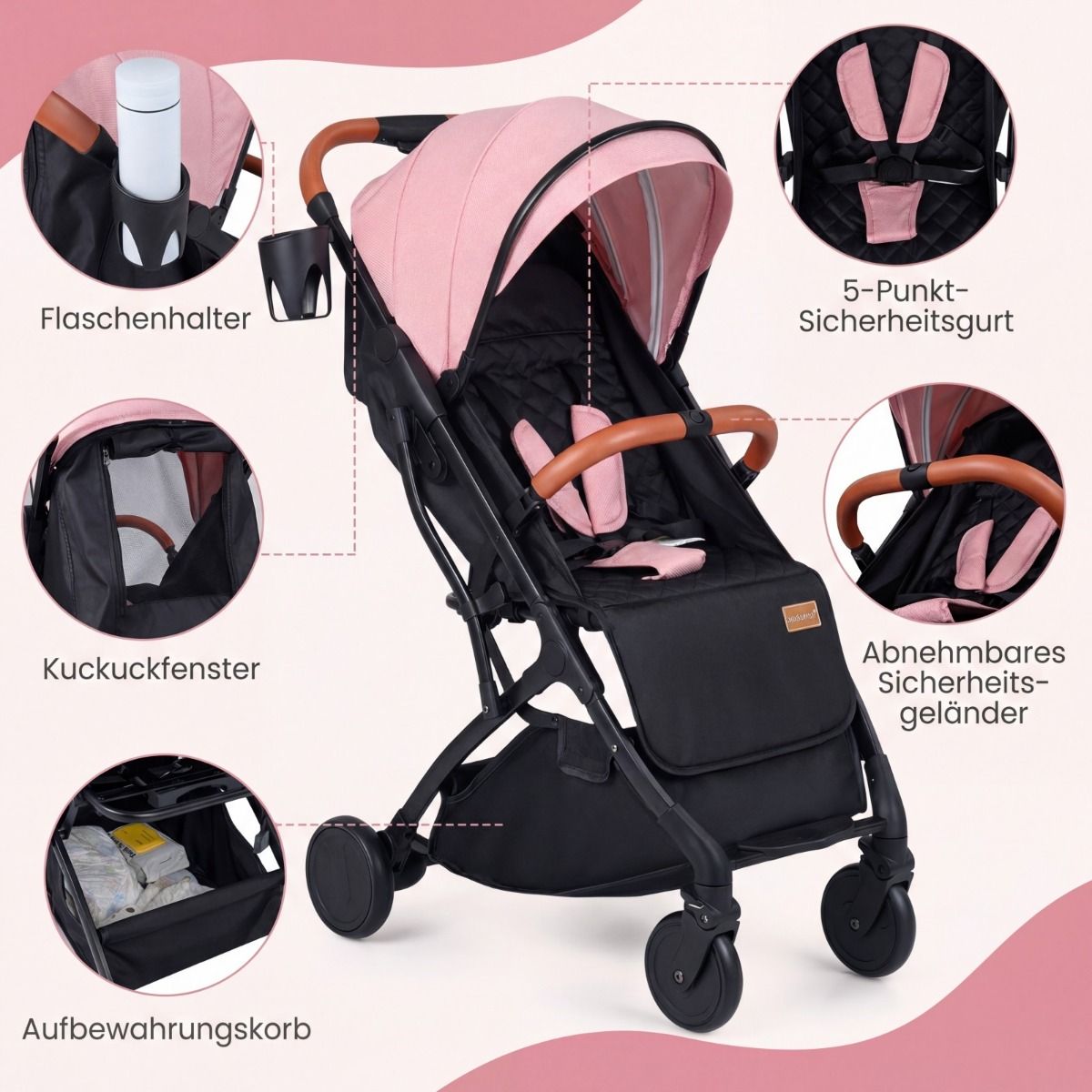 Coast Kinderwagen – zusammenklappbar – verstellbare Rückenlehne und Fußstütze – rosa