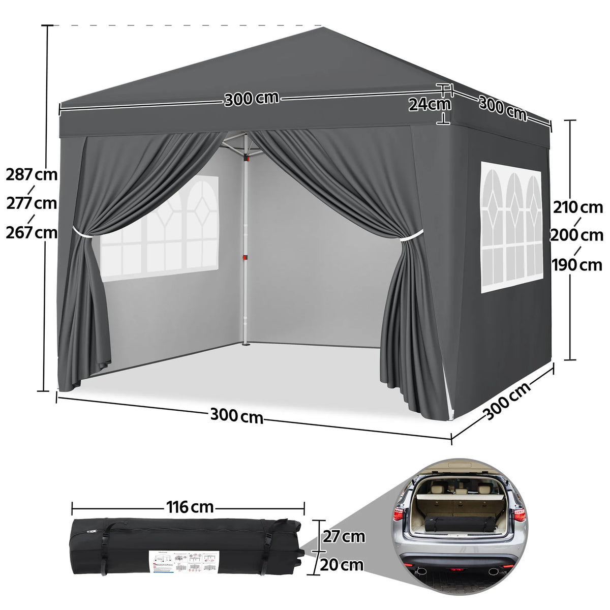 Yaheetech Faltpavillon 3 x 3 m – Verstellbar von 267 bis 287 cm – 4 Seitenwände – UV-Schutz 50+ – Wasserdicht – Dunkelgrau