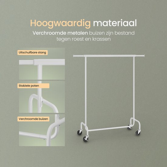 O'DADDYÂ® Kleiderständer auf 4 großen Rädern - Bis zu 130 kg Kapazität - Verstellbar und ausziehbar - Rostfreies verchromtes Metall - Einfache Montage - Weiß