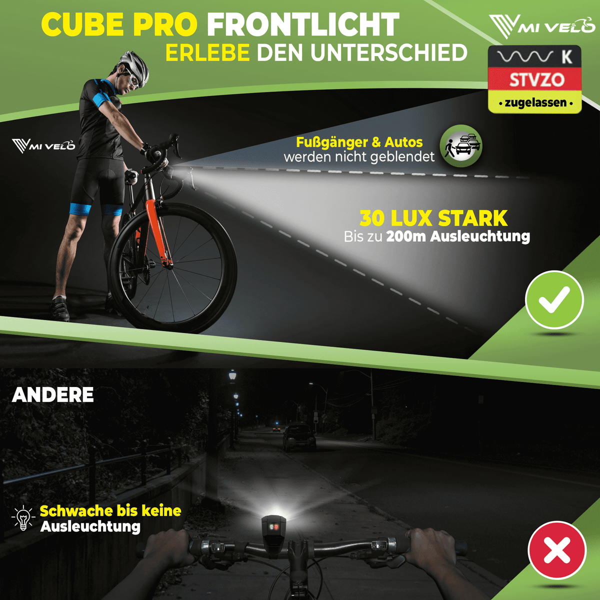Mivelo - LED Fahrradlicht-Set - USB aufladbar - mit Bremslicht - Schwarz