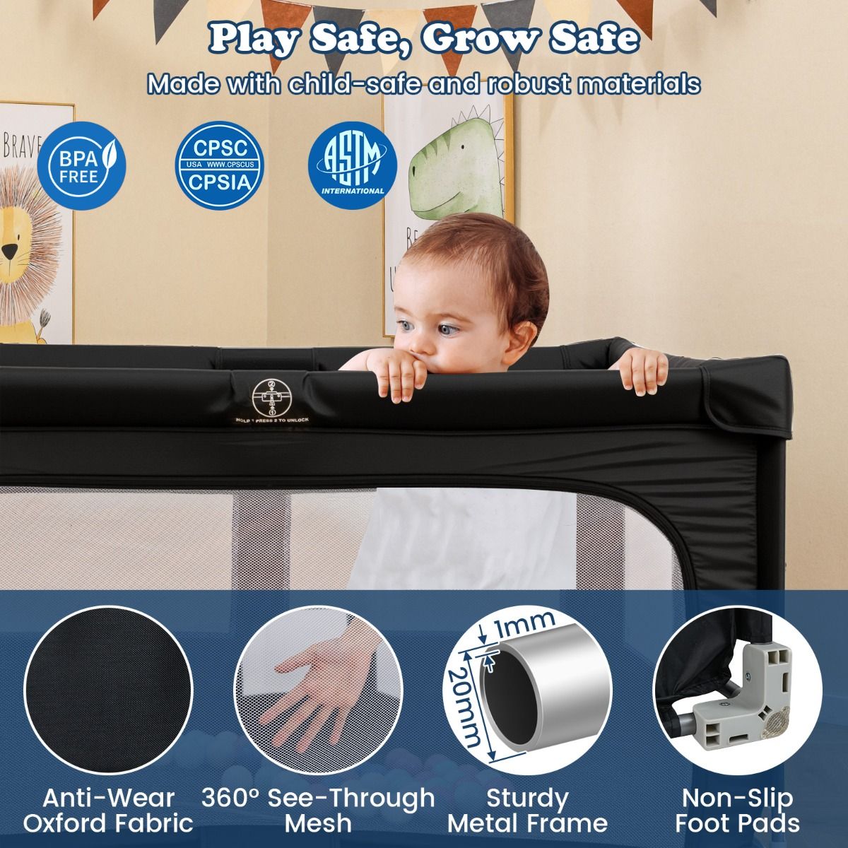 coast baby walker 150 x 150 cm - Faltbares Spielgitter mit 50 Bällen, 4 Griffen & Reißverschlusstür - Schwarz
