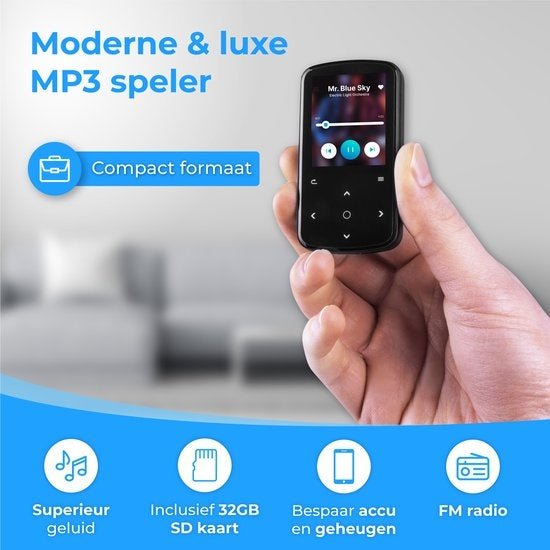 Nuvance - MP3-Player mit Touchscreen und Bluetooth - inkl. Ohrhörer und 32GB SD-Karte - mit Clip - digitaler Sprachrekorder - mit FM-Radio - Schwarz