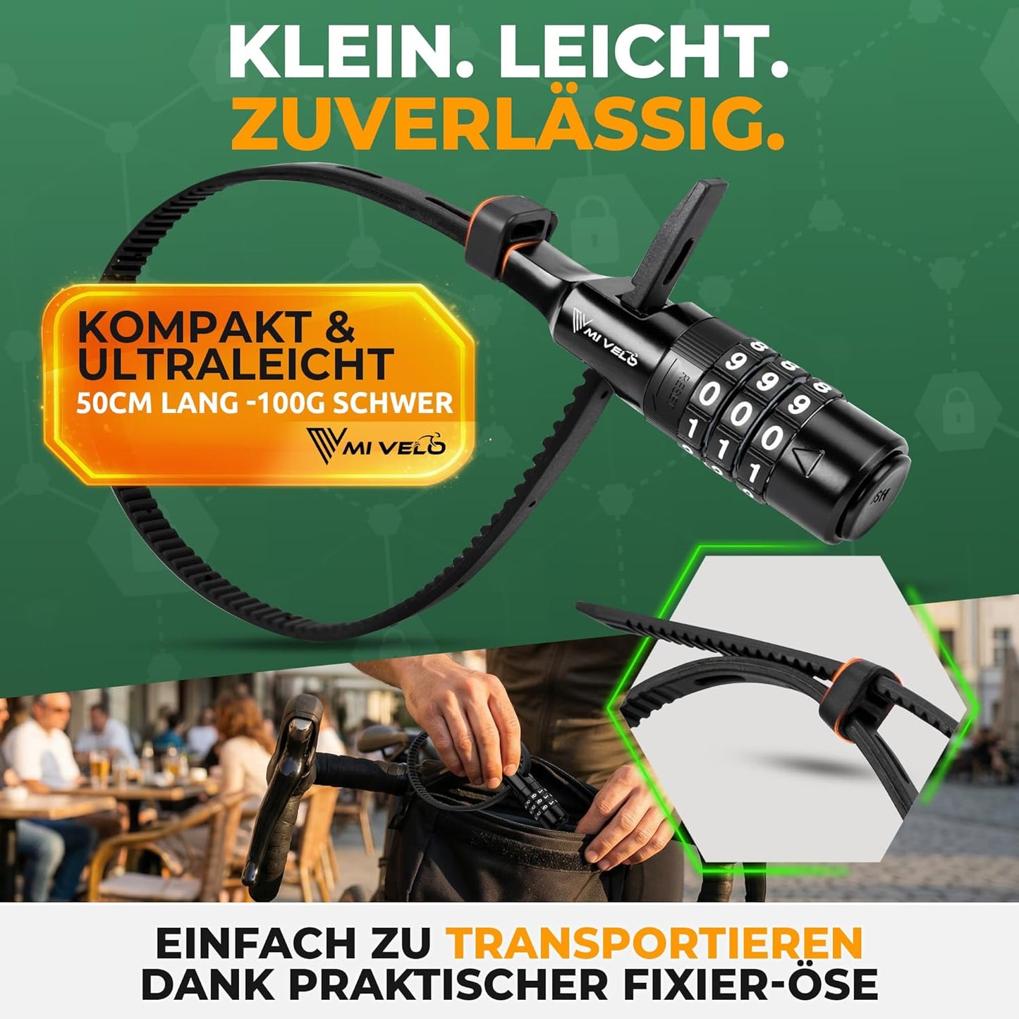Mivelo Kabelbinder-Schloss mit Zahlencode – Für Helm, Fahrrad und Roller – Ø 50 cm
