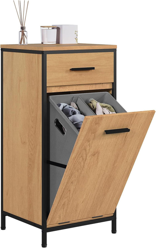 Eugad Badezimmerschrank mit Schublade und Wäschebeutel – Helles Eiche – 38 x 34 x 80 cm