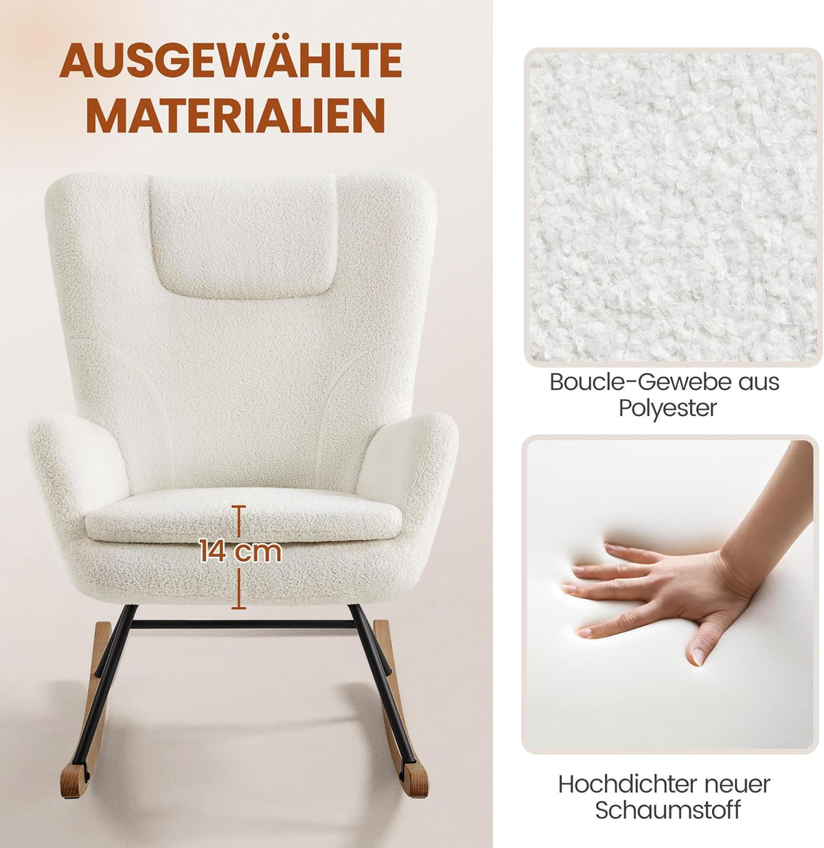 Yaheetech Schaukelstuhl Boucle Weiß mit klappbarer Rückenlehne – 82,5 x 70 x 95,5 cm