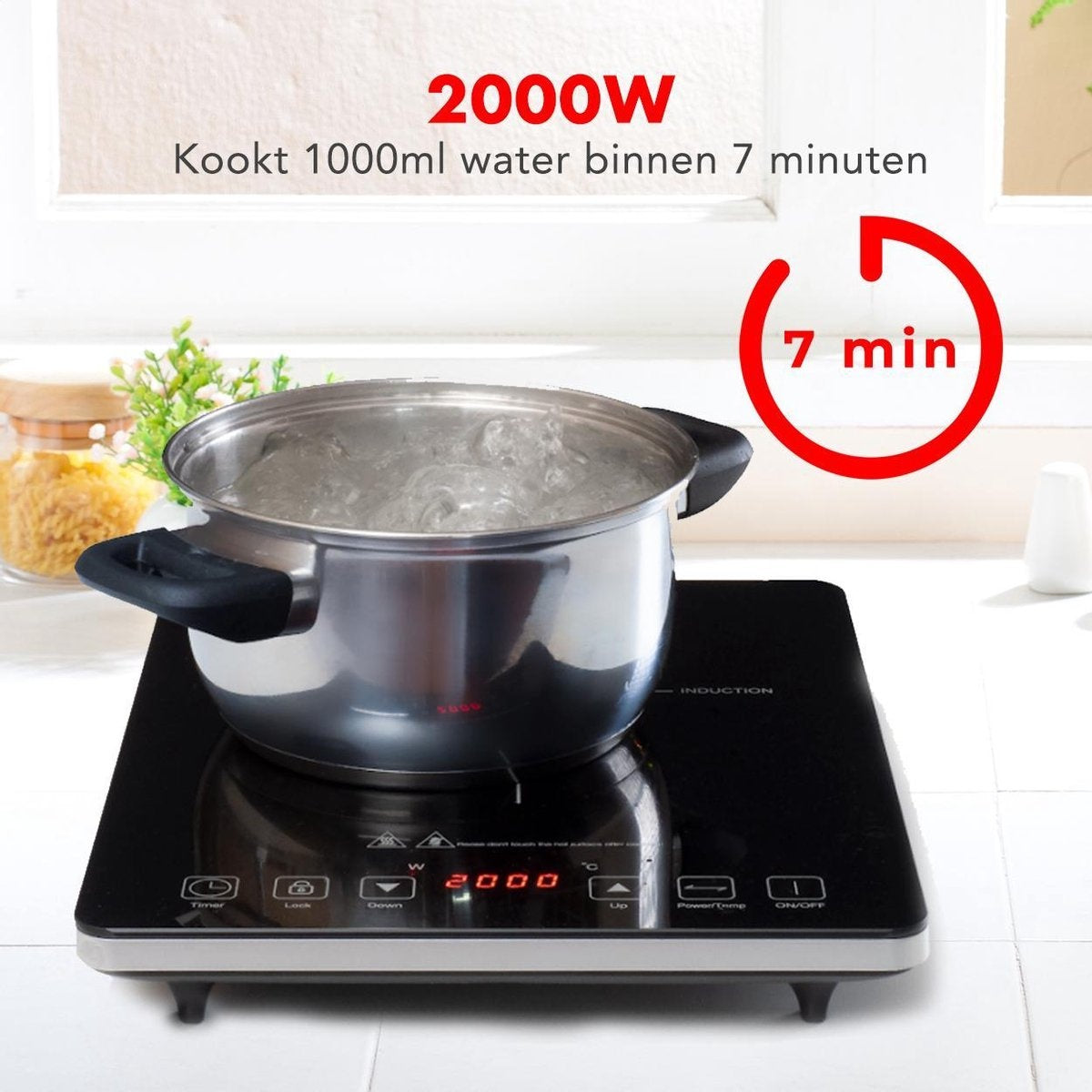 KitchenBrothers Induktionskochfeld - 1 Brenner - Freistehend - 2000W - Schwarz