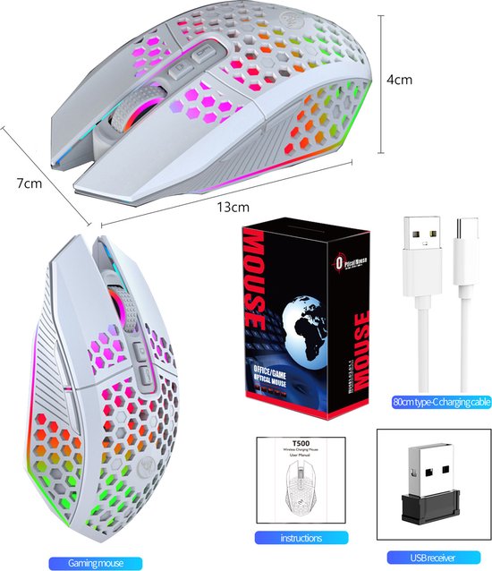 HXSJ T500 - Kabellose Gaming-Maus - Ultraleicht - RGB-Beleuchtung - Hellweiß