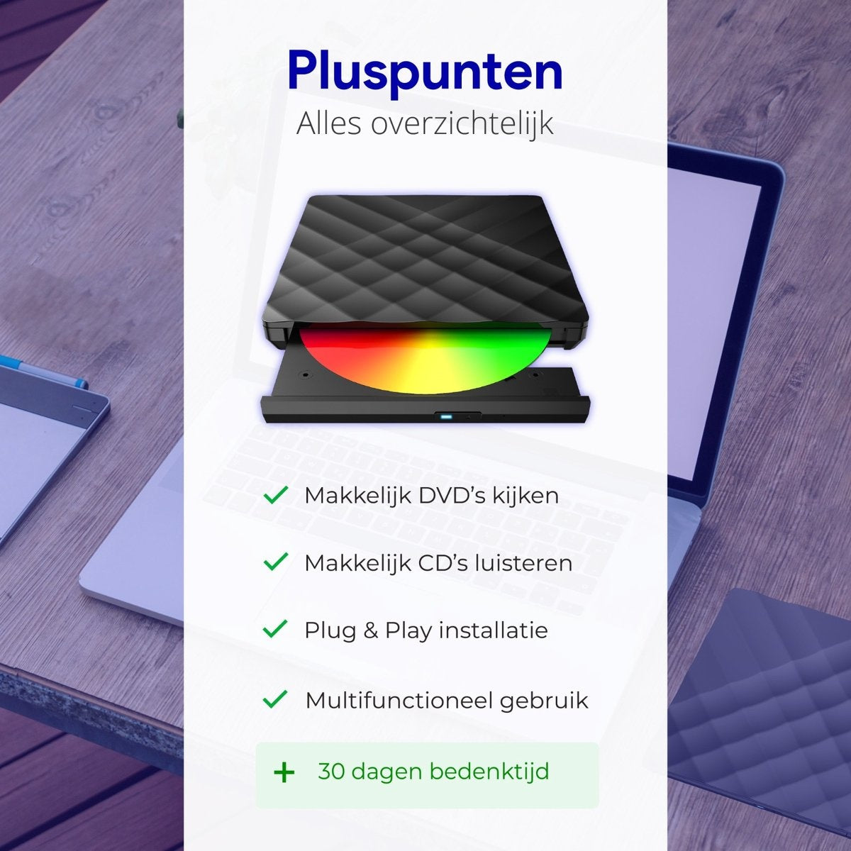WADU externer DVD-Player für Laptop - Optisches Laufwerk & Brenner - DVD/CD-Laufwerk - Geeignet für Laptop & Macbook - Mini USB und USB C