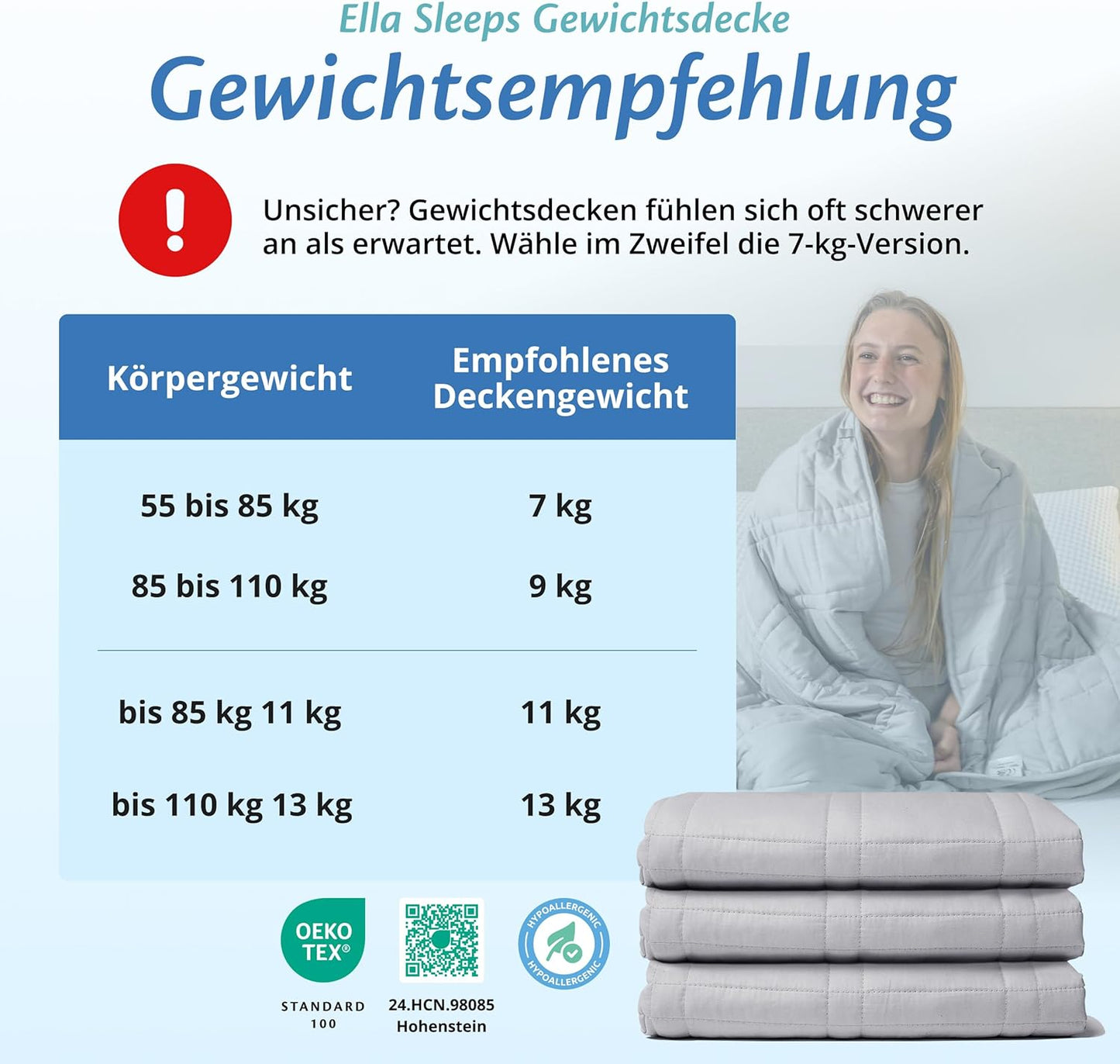 Ella - Gewichtsdecke/ Therapiedecke - 13kg - 200 x 200cm - OEKO-TEX Baumwolle - Hellgrau