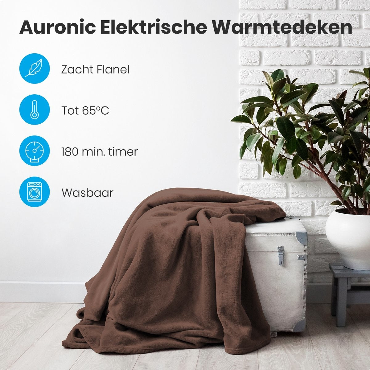 Auronic Elektrische Wärmedecke - 1 Person - 3 Stufen - mit Timer - 160 x 120cm - Braun