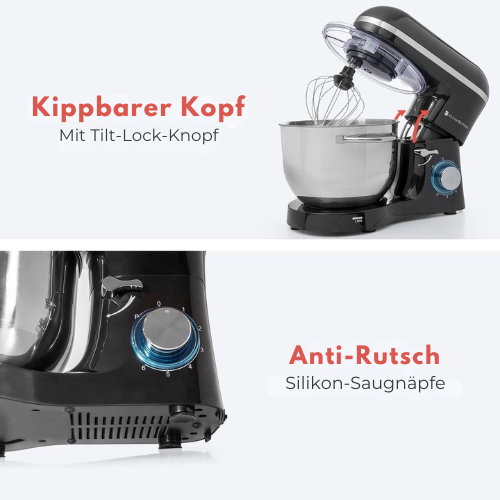 KitchenBrothers Küchenmaschine - Küchenmixer mit 6L-Edelstahl-Mixschüssel - Küchenroboter - 1400W - Schwarz