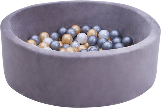 Sunny Boaz Bällebad inklusive 160 Bälle, Velvet Grau – Weiß/Grau/Gold, Ø 7 cm – Rundes Bällebad, Ø 90 x 30 cm