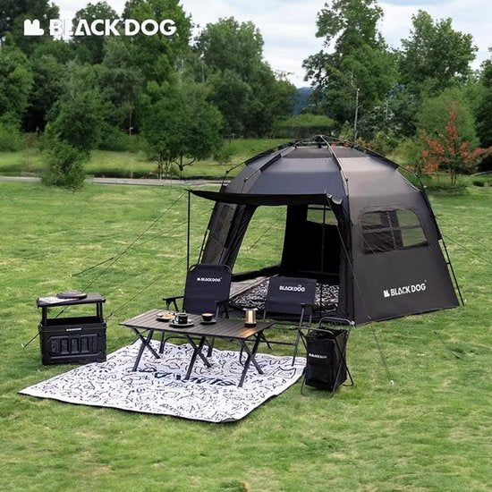 Black Dog Dome-Zelt – Hochwertiges Campingzelt für 6–8 Personen – Sechseckig, automatisch aufstellbar – Tragbares Familienzelt – Zusammenklappbares Vinyl – Schutz vor Sonne und Regen – Schwarz