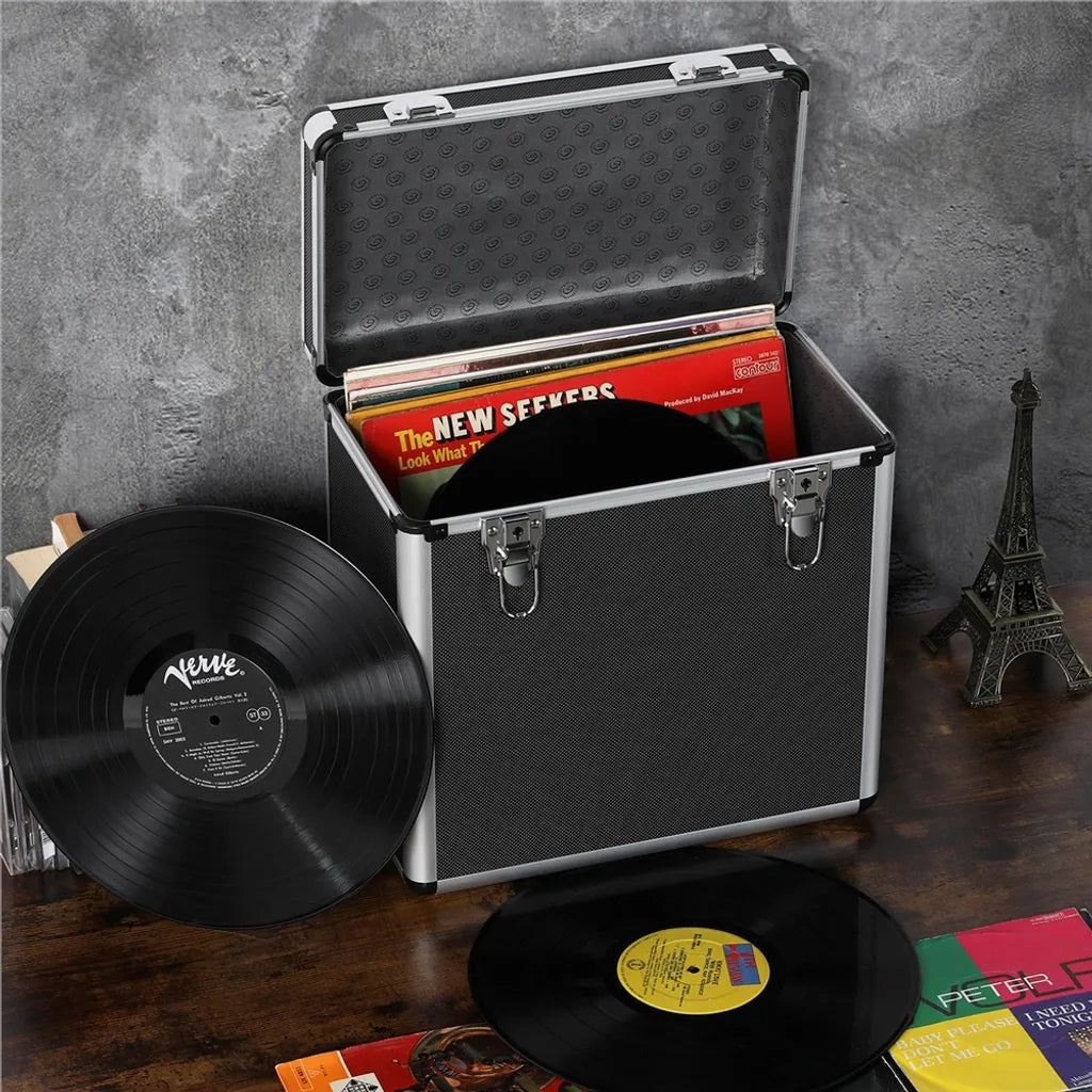 Yaheetech LP-Koffer für 50 Schallplatten – Schwarz – Abschließbarer Schallplattenkoffer mit Tragegriff