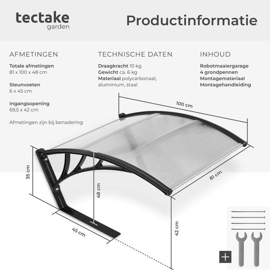 tectake® Garage für Mähroboter – Carport für Rasenmäher – Überdachung für Ladestation des Mähroboters – wetterfest – 81 x 100 x 48 cm – inklusive 4 Erdnägel – transparent