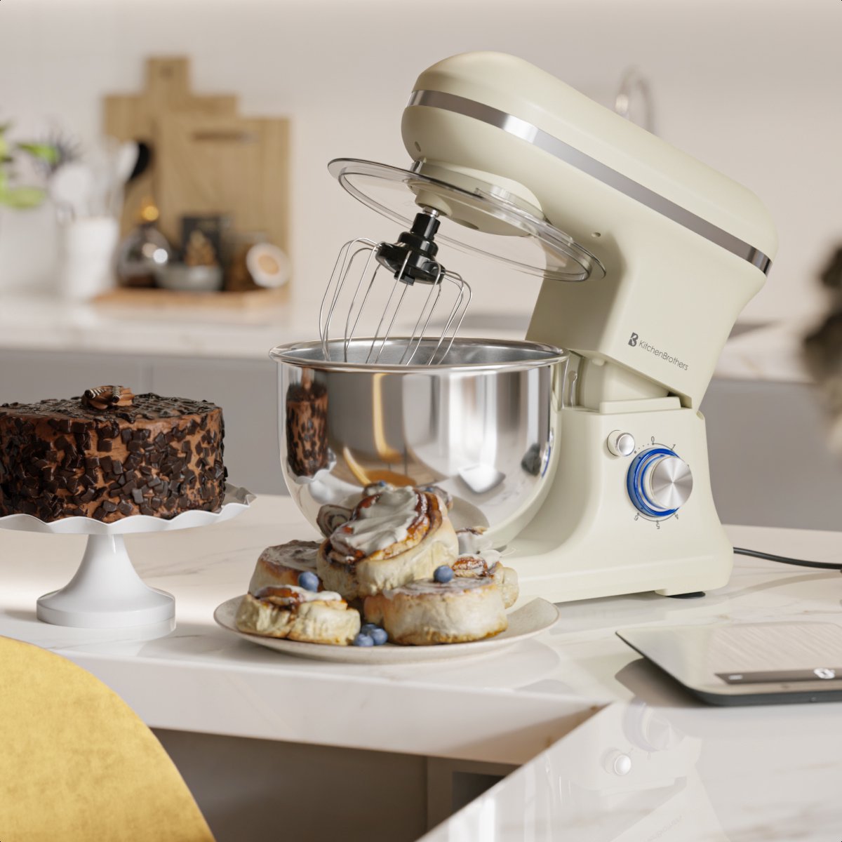 KitchenBrothers Küchenmaschine - 1200W - 5L Rührschüssel - 6 Geschwindigkeiten + Pulse - Küchenroboter mit Knethaken, Schneebesen & Rührhaken - Champagner