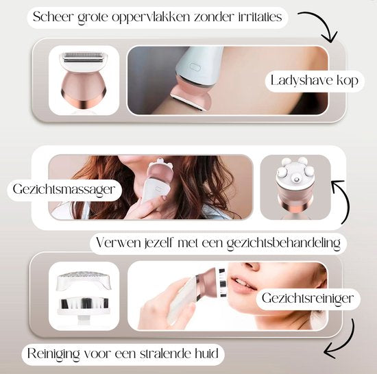 Sansbeauté® 6-in-1 Ladyshave Gesicht - Achseln - Beine - Bikinizone - Rasierer für Frauen - Epilierer - Epilierer für Damen - Trimmer für Frauen - Bikini-Trimmer - USB Wiederaufladbar