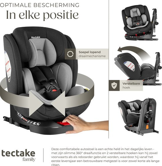 tectake Auto-Drehsitz - Babyschale - i-Size-Zulassung - Isofix-Autositz - Sitzerhöhung - Autokindersitz - 5-Punkt-Gurt - Von Geburt bis 150cm/36kg