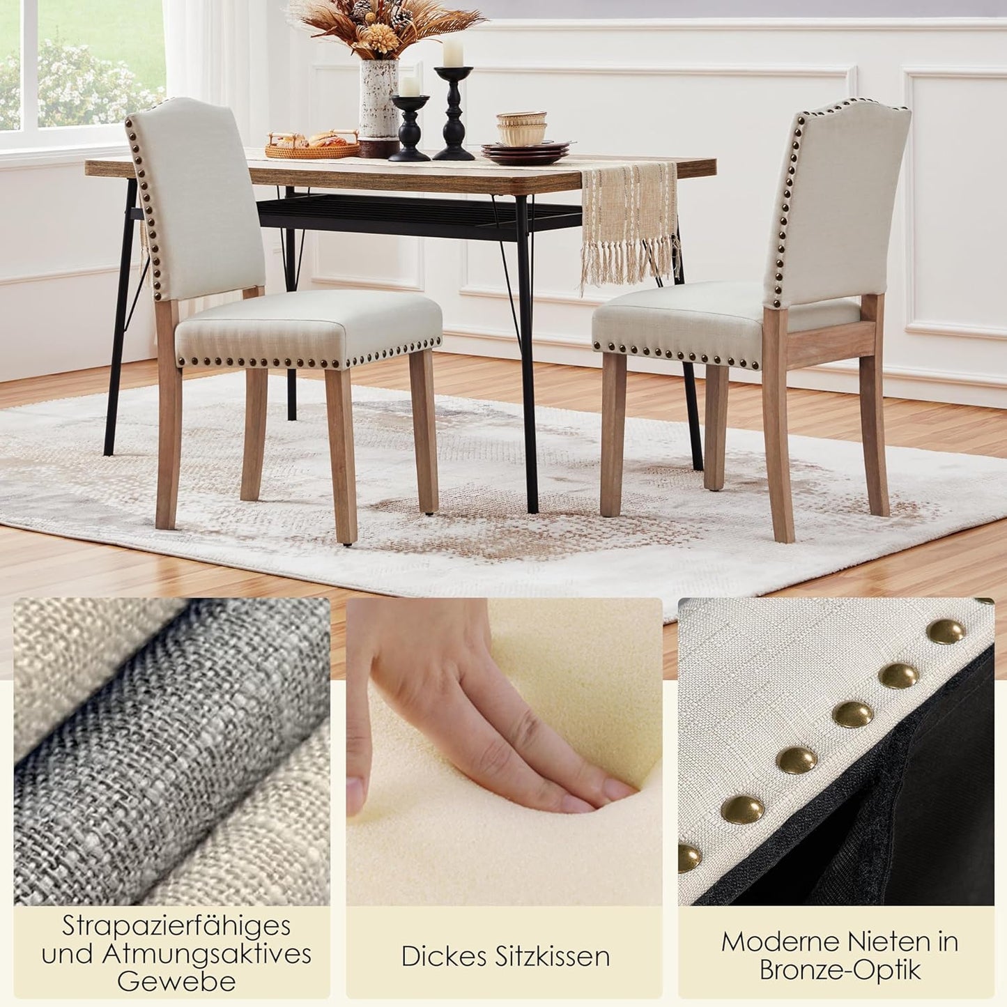 Yaheetech Esszimmerstühle, 2er-Set, gepolstert, mit Holzbeinen – Beige – max. 136 kg