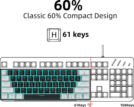 HXSJ V900 - Wired Gaming Keyboard - Mechanisch - RGB - Blauer Schalter - 61 Tasten - QWERTY-Tastaturen - Schwarz weiß