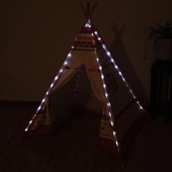 Sunny LED-Tipi-Zelt Rot/Weiß – 60 LED-Lämpchen – FSC-zertifizierte Holzstangen – 120 x 120 x 160 cm