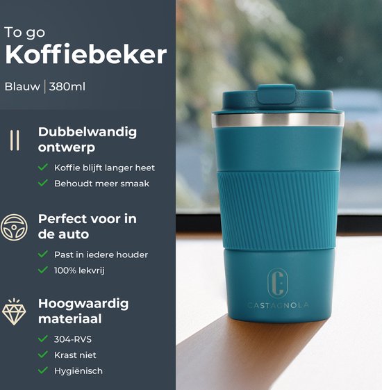 Castagnola Thermos Cup - Kaffeebecher To Go - Reisebecher für Kaffee und Tee - Teebecher - 380 ML - Edelstahl - Blau