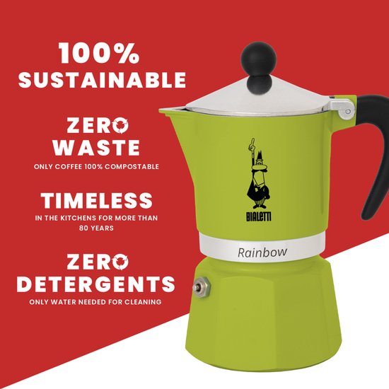 Bialetti Rainbow Percolator 1 Tasse, grün – Espressokocher – Aluminium – italienische Kaffeemaschine – 60 ml