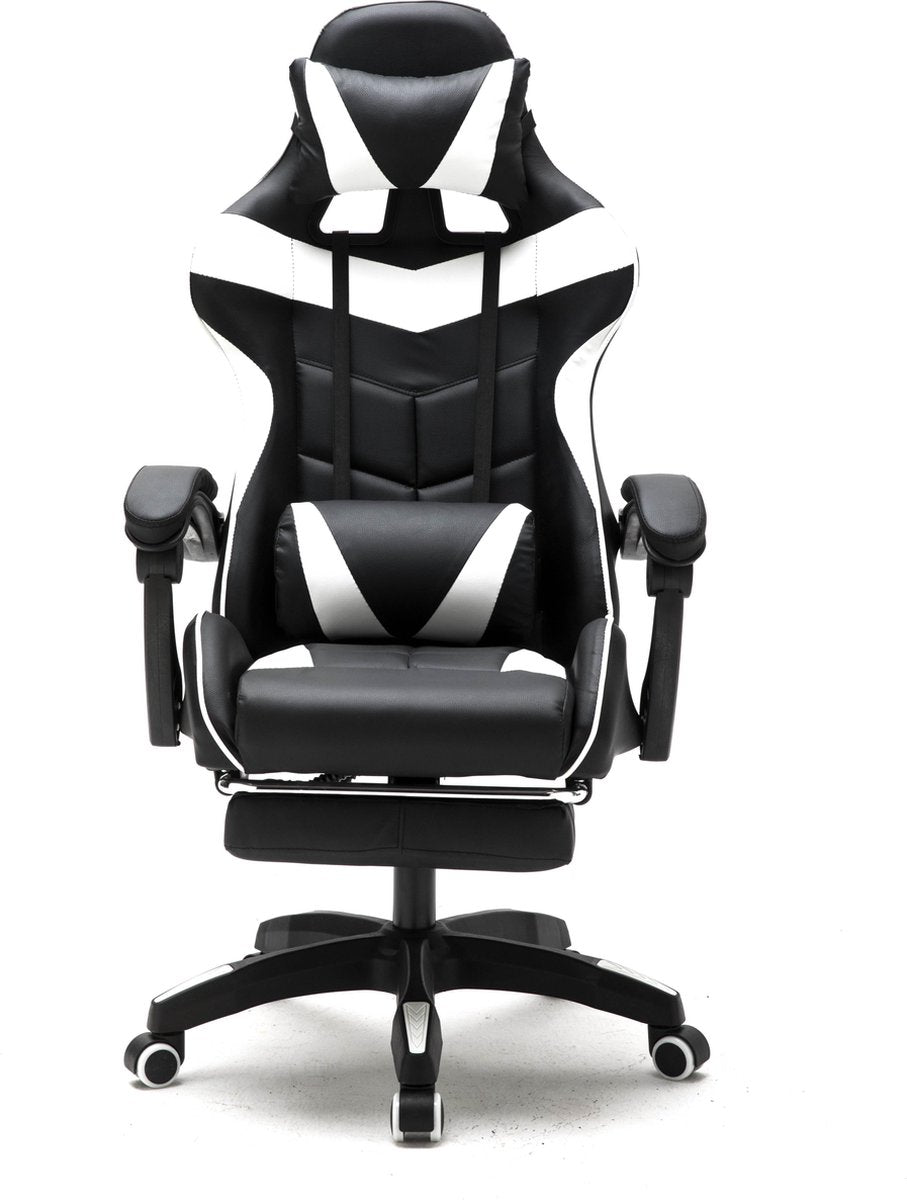 VDD Game Chair - Ausziehbar - Max. 110kg - Inkl. Nackenkissen - 128 x 63 x 50cm - Schwarz & Weiß