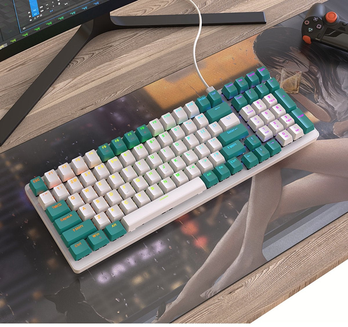 Fuegobird K3 Mechanische Gaming-Tastatur - 100Tasten - Roter Schalter - QWERTY - Mechanische RGB-Hintergrundbeleuchtung - Weiß/Grün